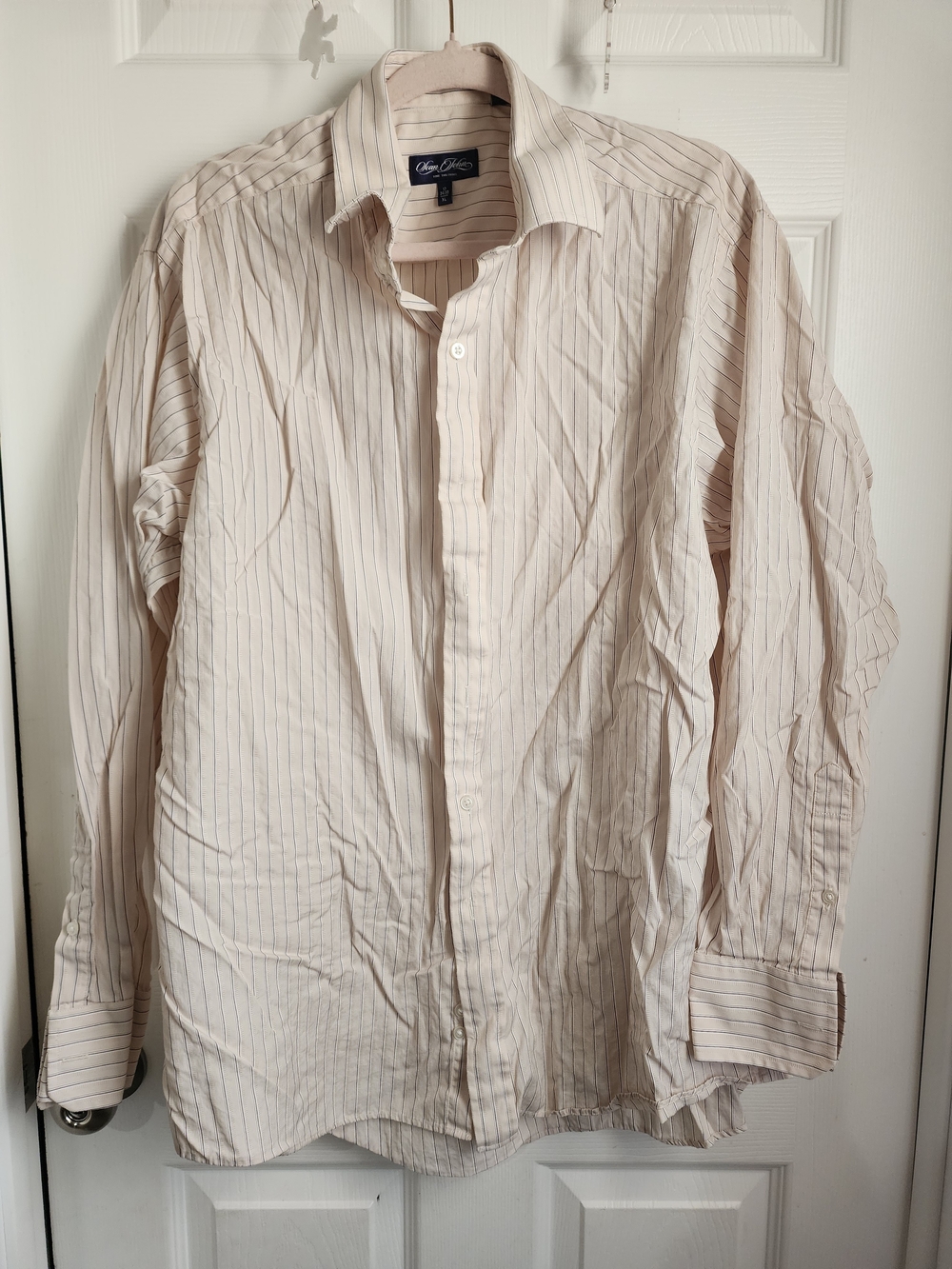 Sean John Men’s Cream Button-Up Dress Shirt with Thin Brown Pinstripes